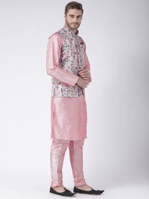 Multicolor Cotton 3Pcs Kurta Pajama Waistcoat 3