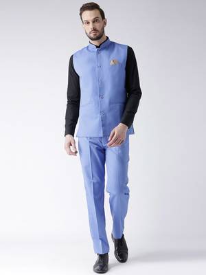 Blue Plain Cotton Stitched Nehru Jacket And Trousers 1