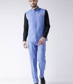 Blue Plain Cotton Stitched Nehru Jacket And Trousers