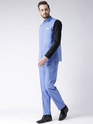 Blue Plain Cotton Stitched Nehru Jacket And Trousers 2