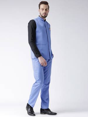 Blue Plain Cotton Stitched Nehru Jacket And Trousers 3