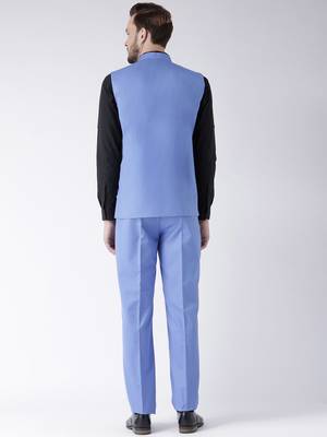 Blue Plain Cotton Stitched Nehru Jacket And Trousers 4