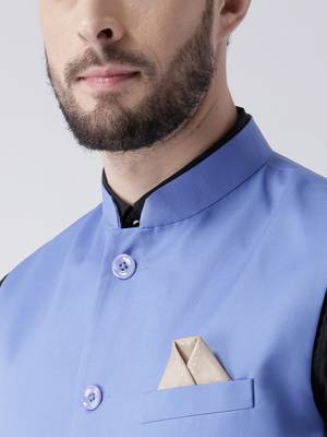 Blue Plain Cotton Stitched Nehru Jacket And Trousers 5