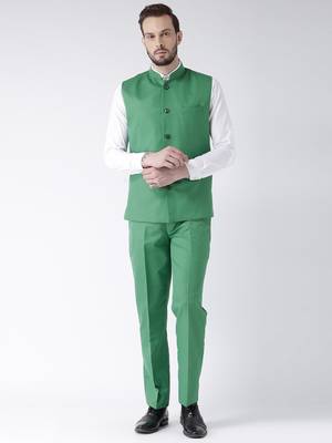 Green Plain Cotton Stitched Nehru Jacket And Trousers 1