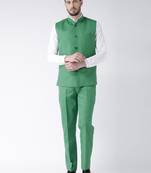 Green Plain Cotton Stitched Nehru Jacket And Trousers