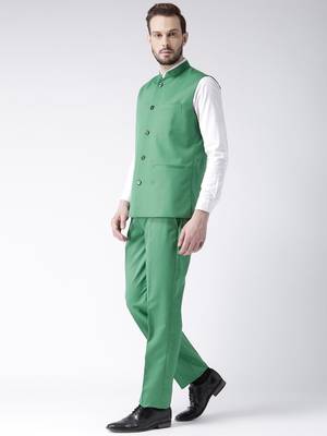 Green Plain Cotton Stitched Nehru Jacket And Trousers 2