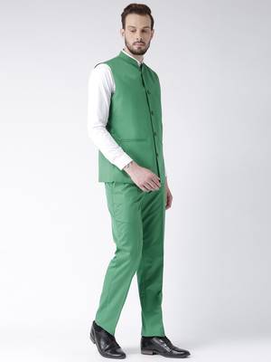 Green Plain Cotton Stitched Nehru Jacket And Trousers 3