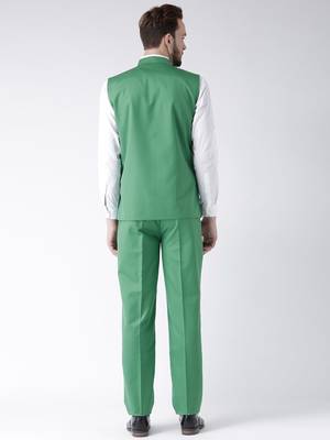 Green Plain Cotton Stitched Nehru Jacket And Trousers 4