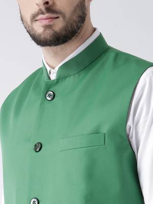 Green Plain Cotton Stitched Nehru Jacket And Trousers 5