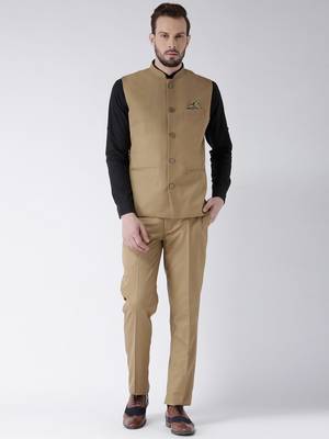 Beige Plain Cotton Stitched Nehru Jacket And Trousers 1