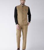 Beige Plain Cotton Stitched Nehru Jacket And Trousers