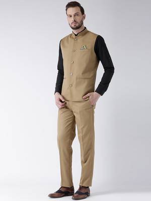 Beige Plain Cotton Stitched Nehru Jacket And Trousers 2