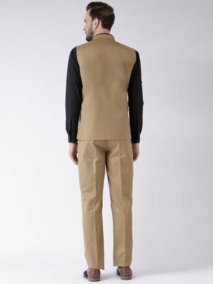 Beige Plain Cotton Stitched Nehru Jacket And Trousers 3