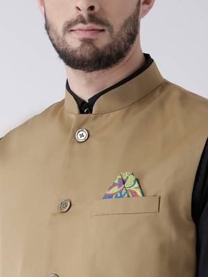 Beige Plain Cotton Stitched Nehru Jacket And Trousers 4