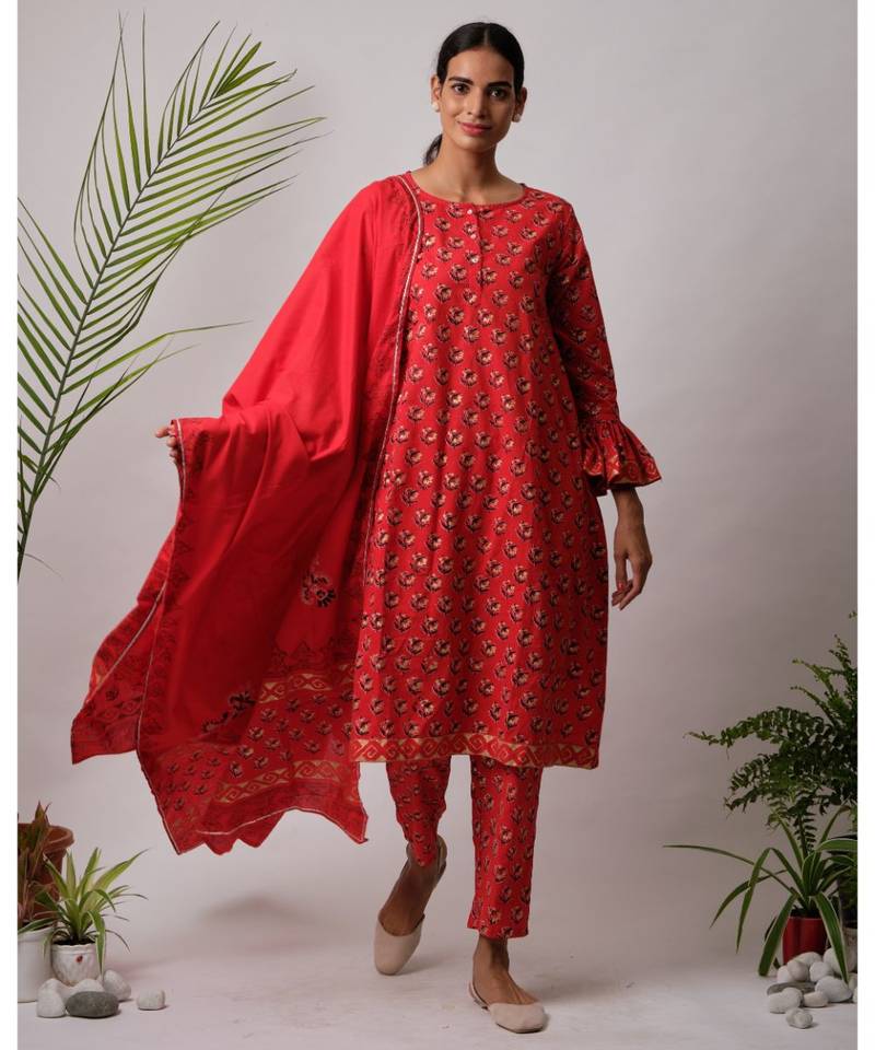 red Aabha cotton Kurta,Pant And Dupatta Set of three