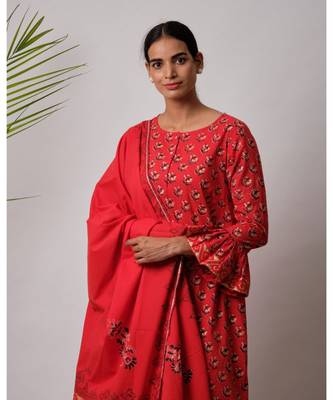 red Aabha cotton Kurta,Pant And Dupatta Set of three 3