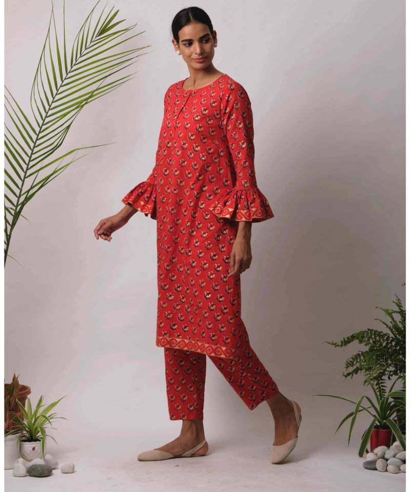 red Aisha cotton Kurta