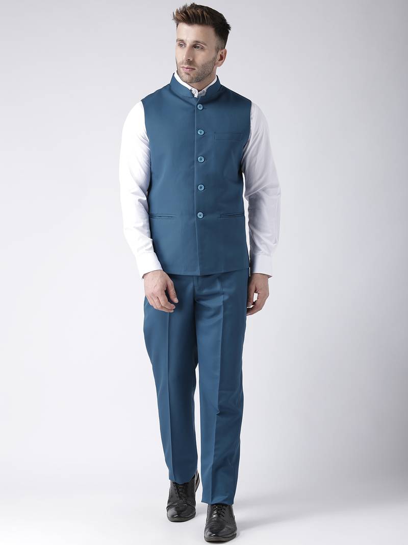 Blue Plain Cotton Stitched Nehru Jacket And Trousers - Hangup - 3022273