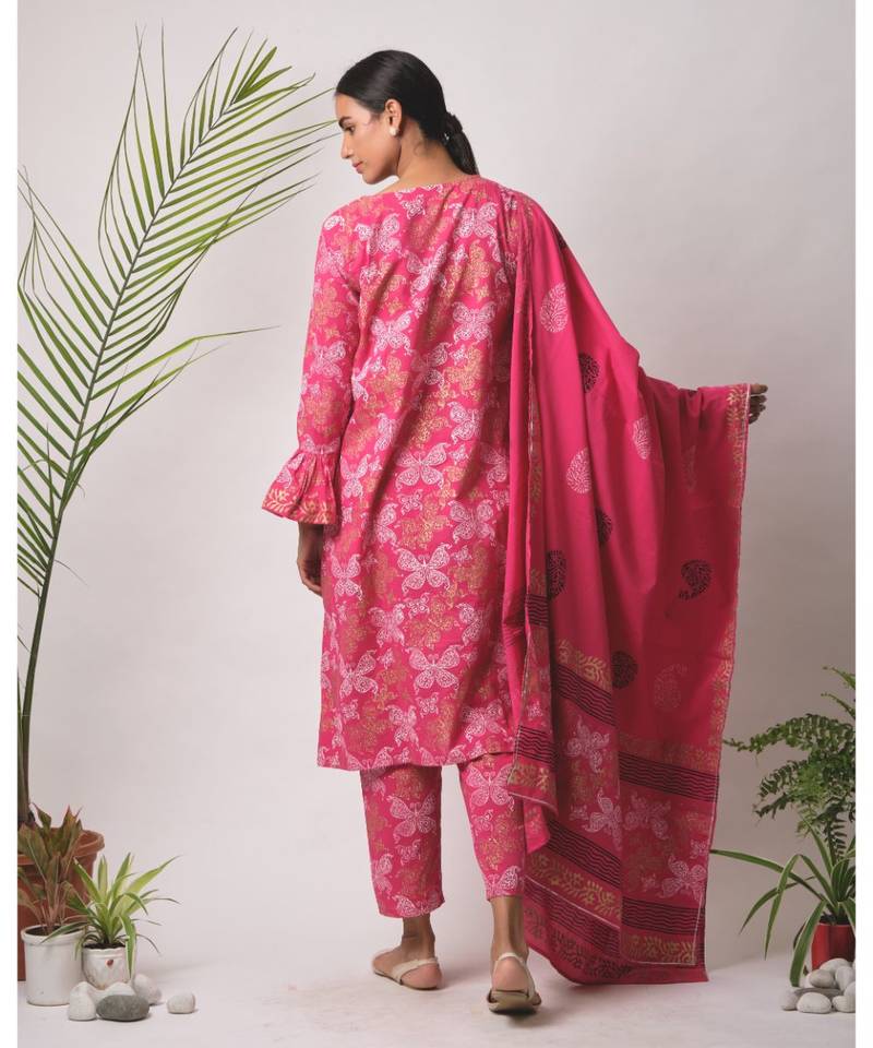 Pink Chaaya cotton Kurta,Pant And Dupatta Set of three