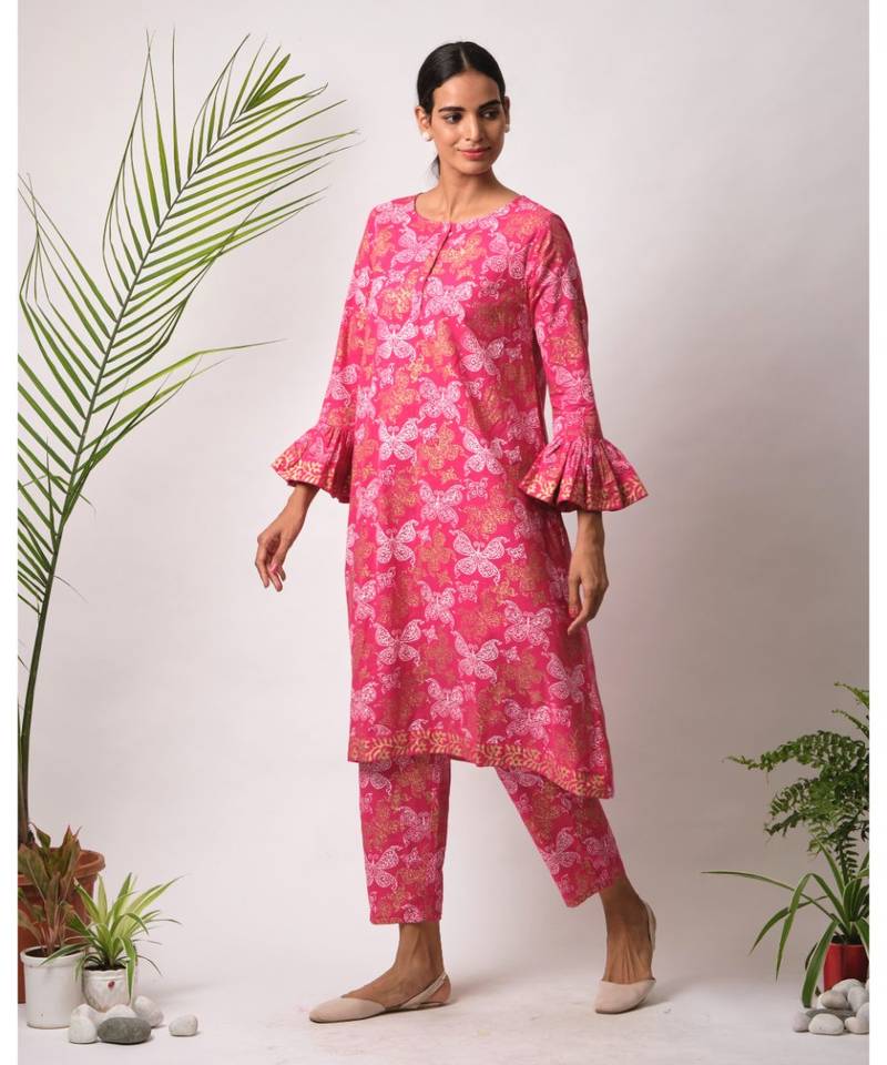 Pink Chaaya cotton Kurta,Pant And Dupatta Set of three