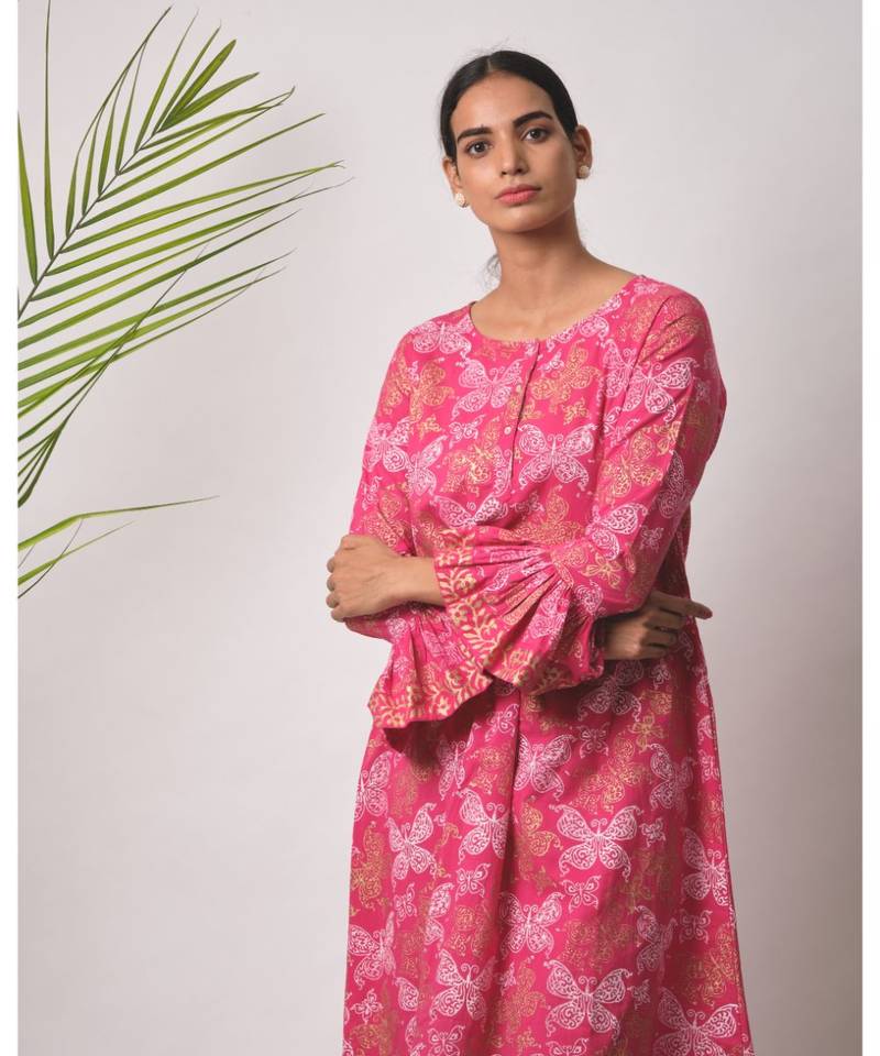 Pink Chaaya cotton Kurta,Pant And Dupatta Set of three