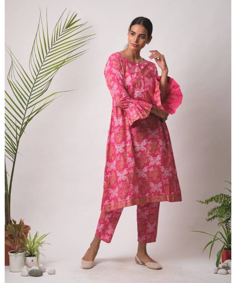 Pink Chaaya cotton Kurta,Pant And Dupatta Set of three