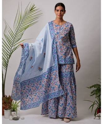 turquoise Daksha cotton Kurta,Sharara And Dupatta Set of three 1