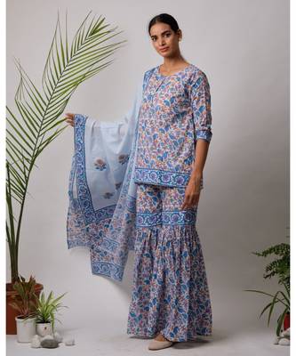 turquoise Daksha cotton Kurta,Sharara And Dupatta Set of three 2