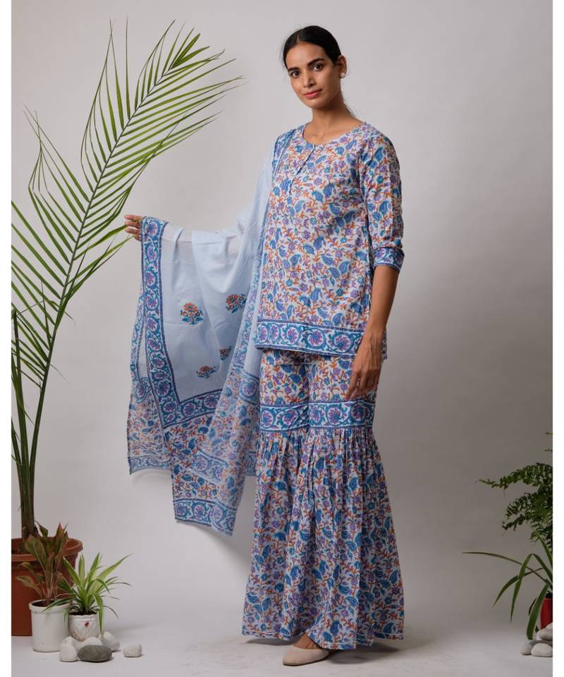 turquoise Daksha cotton Kurta,Sharara And Dupatta Set of three