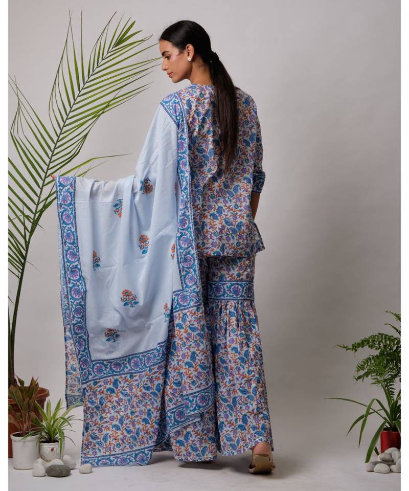 turquoise Daksha cotton Kurta,Sharara And Dupatta Set of three