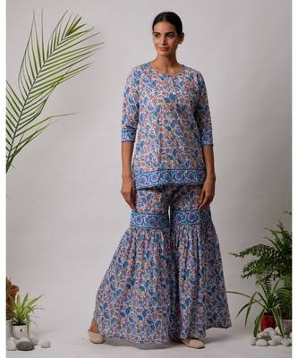turquoise Dhriti cotton Kurta And Sharara Hand Block Set 1