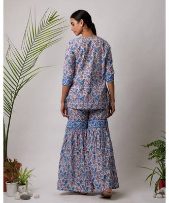 turquoise Dhriti cotton Kurta And Sharara Hand Block Set 2
