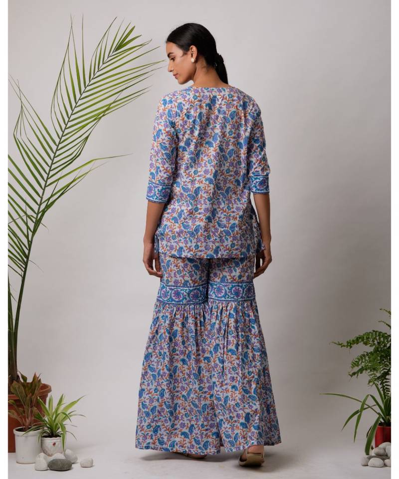 turquoise Dhriti cotton Kurta And Sharara Hand Block Set