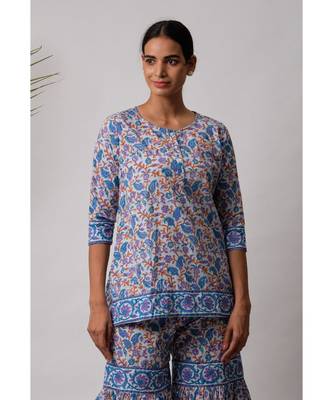 turquoise Dhriti cotton Kurta And Sharara Hand Block Set 3