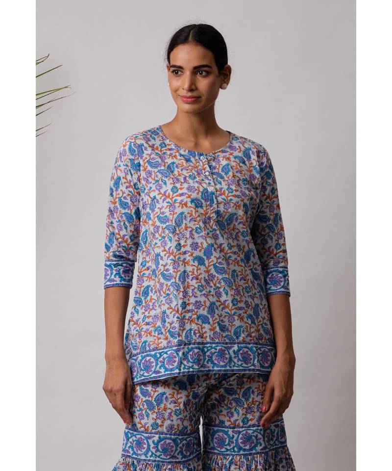 turquoise Dhriti cotton Kurta And Sharara Hand Block Set