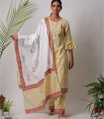 Yellow Ekani cotton Kurta,Pant And Dupatta Set of three