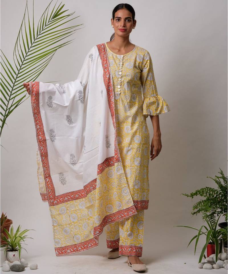 Yellow Ekani cotton Kurta,Pant And Dupatta Set of three