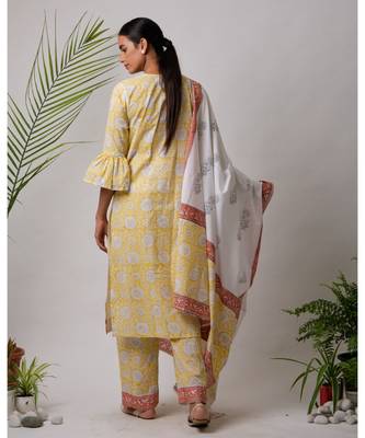 Yellow Ekani cotton Kurta,Pant And Dupatta Set of three 3