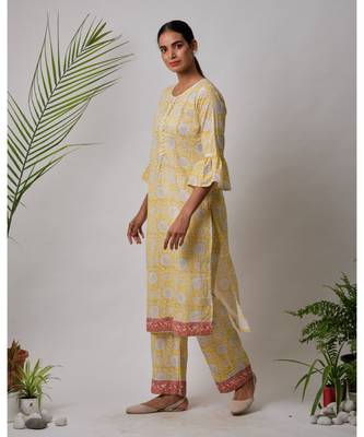 Yellow Ekani cotton Kurta,Pant And Dupatta Set of three 4