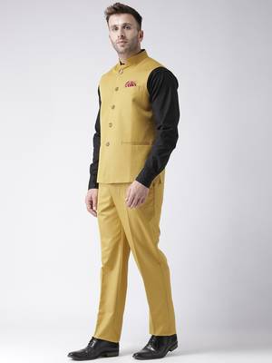 Yellow Plain Cotton Stitched Nehru Jacket And Trousers 1