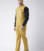 Yellow Plain Cotton Stitched Nehru Jacket And Trousers