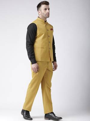 Yellow Plain Cotton Stitched Nehru Jacket And Trousers 2
