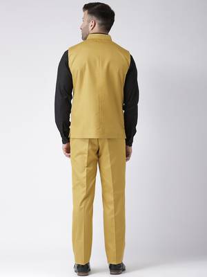 Yellow Plain Cotton Stitched Nehru Jacket And Trousers 3