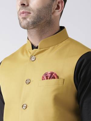 Yellow Plain Cotton Stitched Nehru Jacket And Trousers 4