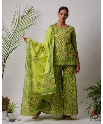 green Ella cotton Kurta,Sharara And Dupatta Set of three 1