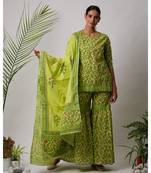 green Ella cotton Kurta,Sharara And Dupatta Set of three