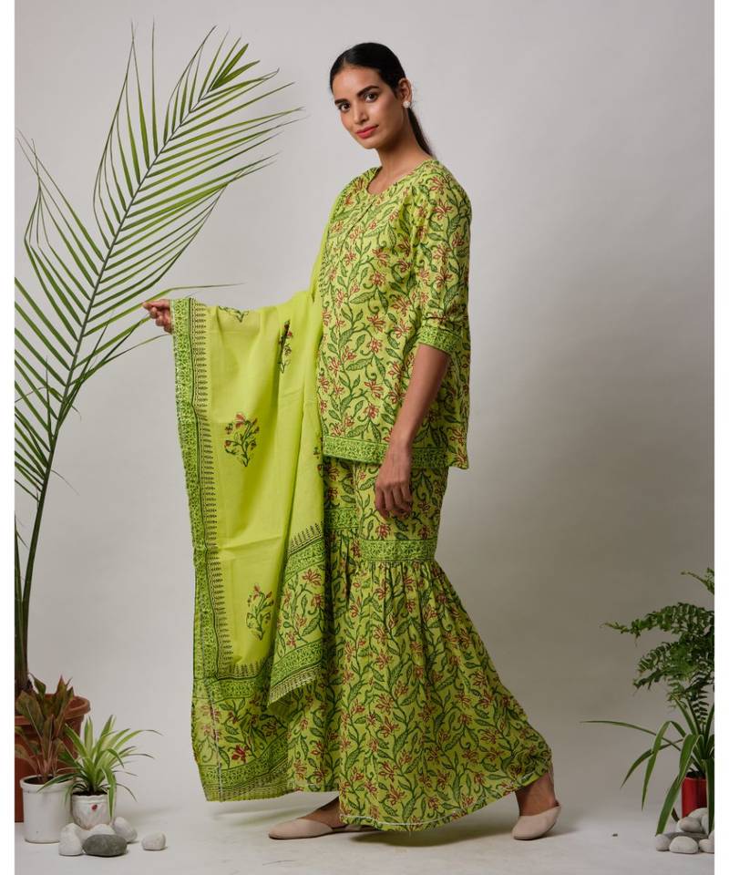green Ella cotton Kurta,Sharara And Dupatta Set of three