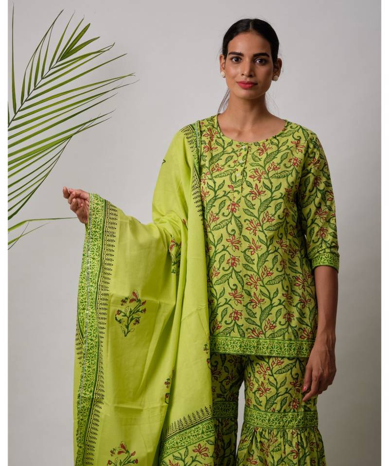 green Ella cotton Kurta,Sharara And Dupatta Set of three