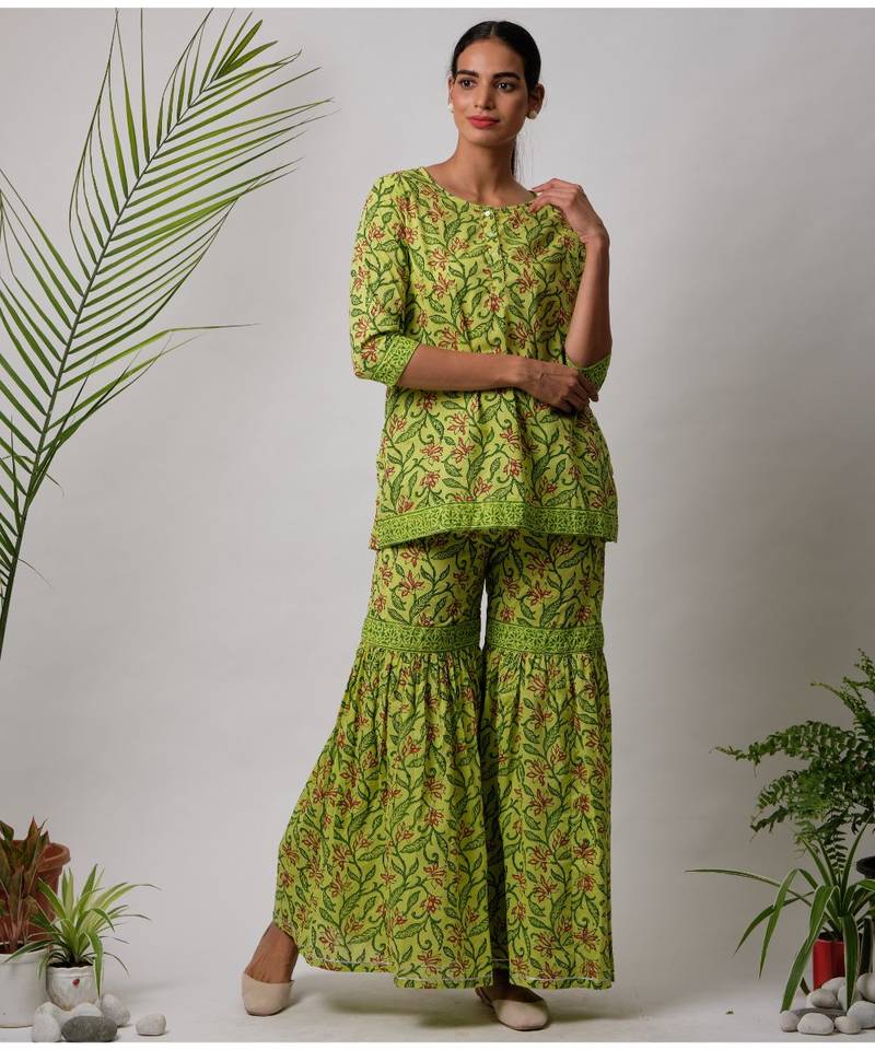 green Ella cotton Kurta,Sharara And Dupatta Set of three