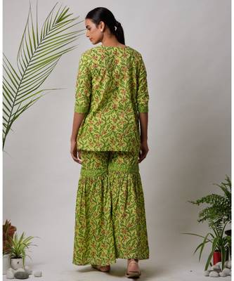 green Ella cotton Kurta,Sharara And Dupatta Set of three 5